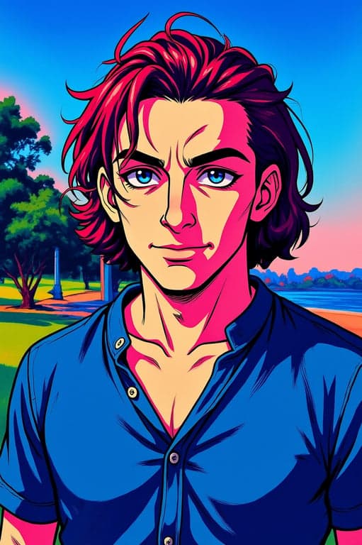 a portrait of a person edited into the "JoJo" color palette swap style, with unconventional, vibrant hair and clothing colors