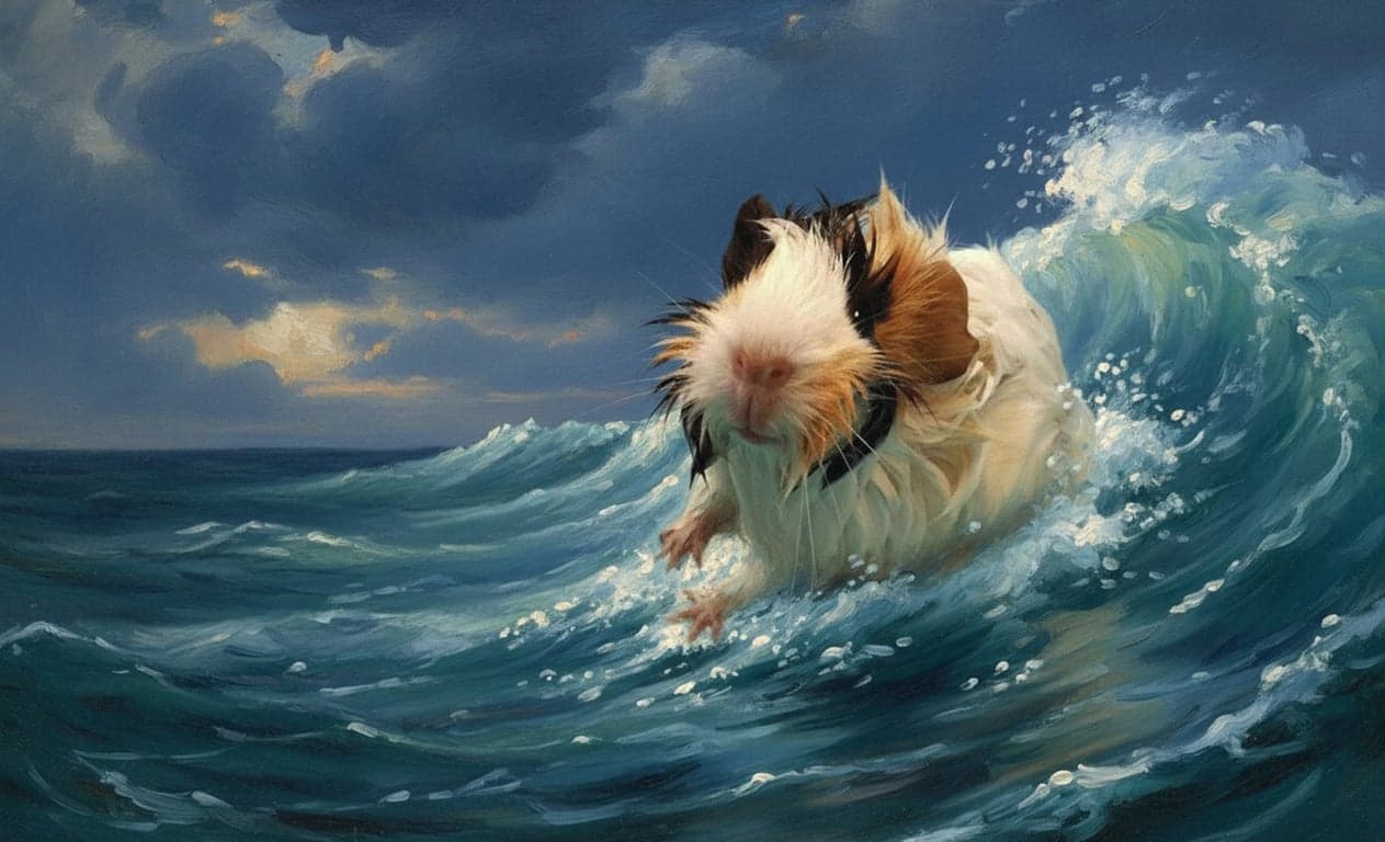 AI pet portrait generator free after pic - guinea pig transformed into a seascape masterpiece inspired by The Great Wave off Kanagawa