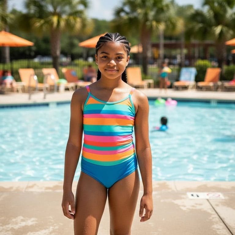 Tankini filter after transformation - kid portrait in a colorful tankini with playful pool vibe