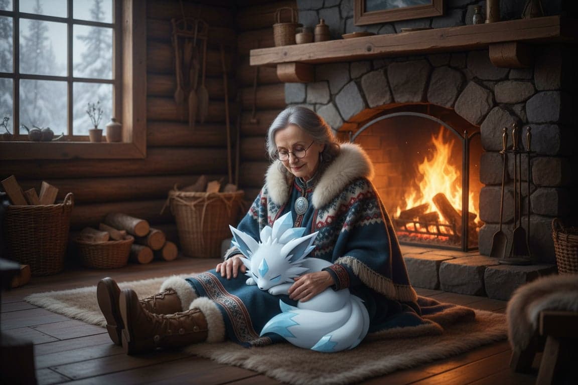 A regional variant of Vulpix, now Ice-type with white fur and blue accents. It is curled up with an elderly woman in traditional northern clothing, both sitting by a fireplace in a log cabin, sharing a moment of warmth.