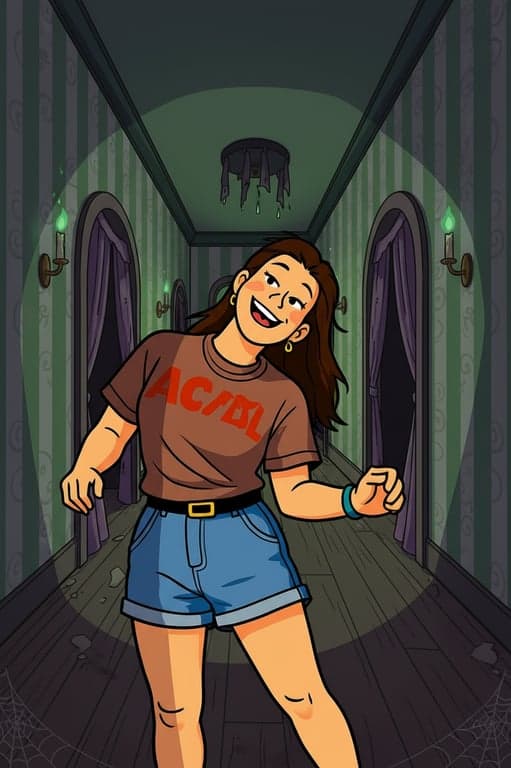 a portrait of a person re-created as a Scooby-Doo cartoon character following original Hanna-Barbera model sheets, with simplified anatomy, cylindrical neck, flat shoulders, wide eyes, minimal facial detail, solid color clothing, flat lighting, thick line art, and unmistakable Scooby-Doo cartoon identity