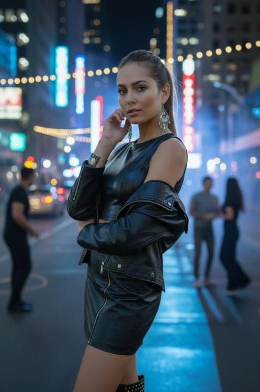 a portrait transformed into a modern street-style party look with leather textures and urban night city lights