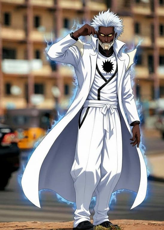 a portrait of a person as an Arrancar, with a Hollow hole in the chest, white uniform, and released Resurrección form