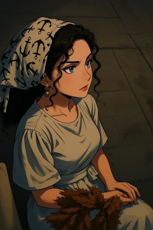 a portrait of a person styled in an anime war-drama aesthetic, wearing utilitarian clothing with structured folds, restrained colors, weathered texture, and intense focused expression