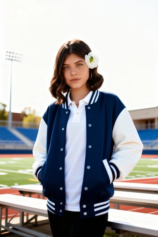 a portrait of a student wearing a letterman jacket over a polo shirt, posing on the bleachers of a school sports field