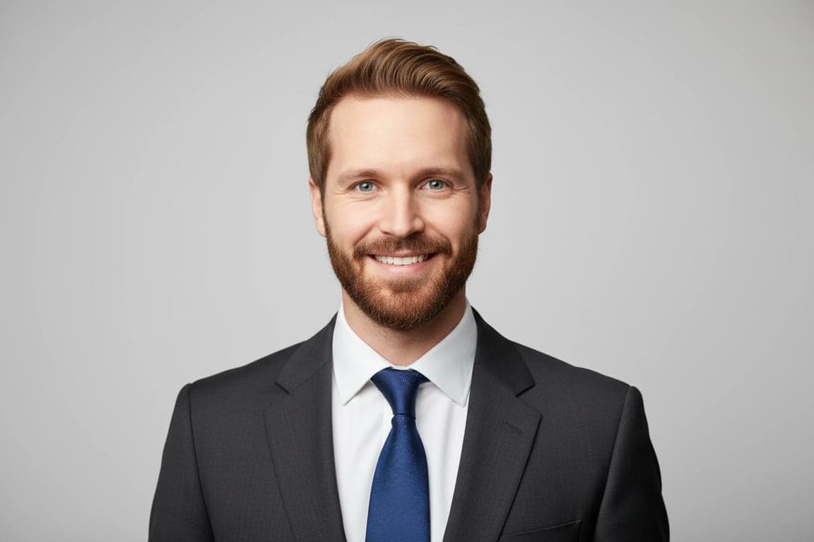 a portrait of a man, professional linkedin headshot, business attire, confident expression, even studio lighting, neutral colored backdrop.