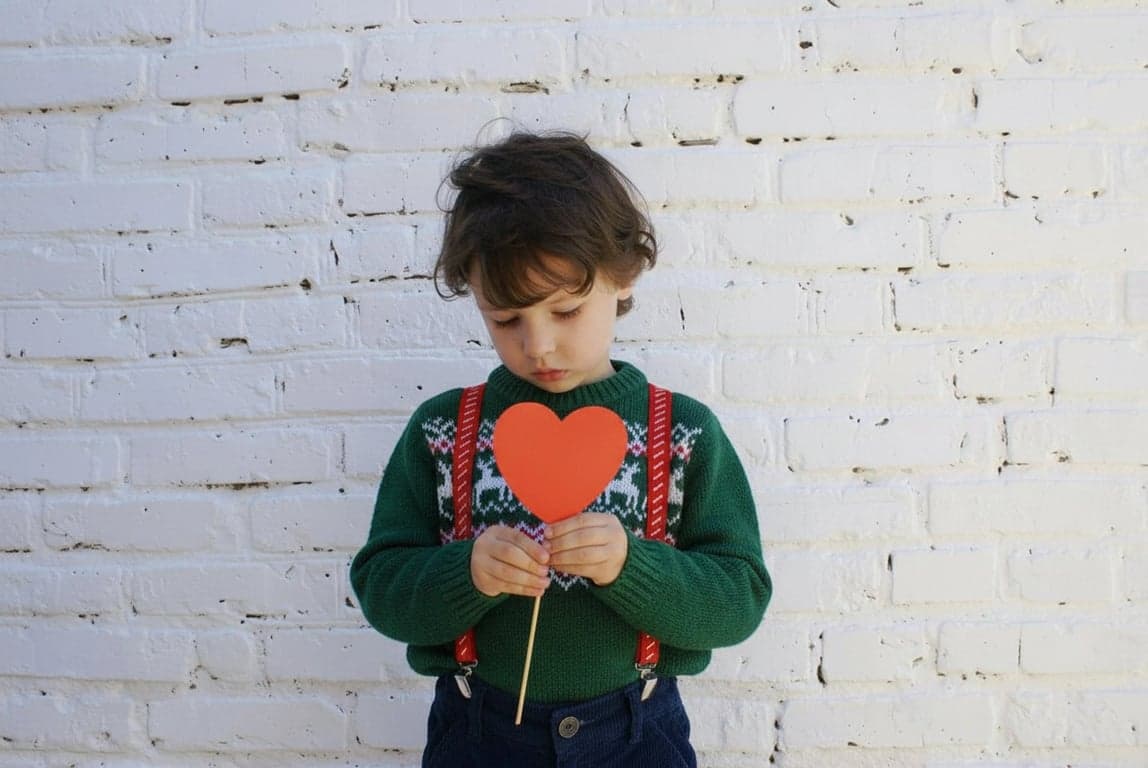 AI baby Christmas photo after photo - boy looking at heart stick with Christmas decoration