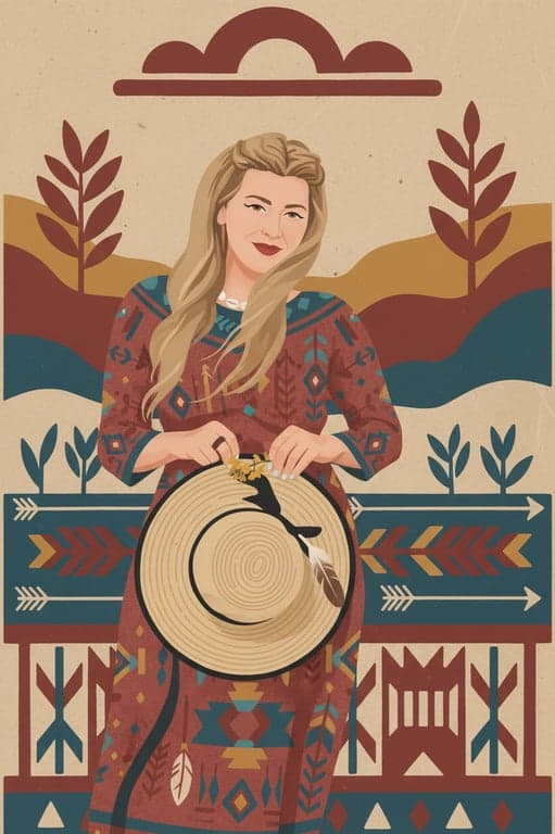 a portrait of a person illustrated in a traditional Native American symbolic art style with simplified facial structure, strong geometric shapes, earth-toned palette, flat color fills, minimal shading, and visual symbolism inspired by indigenous art traditions