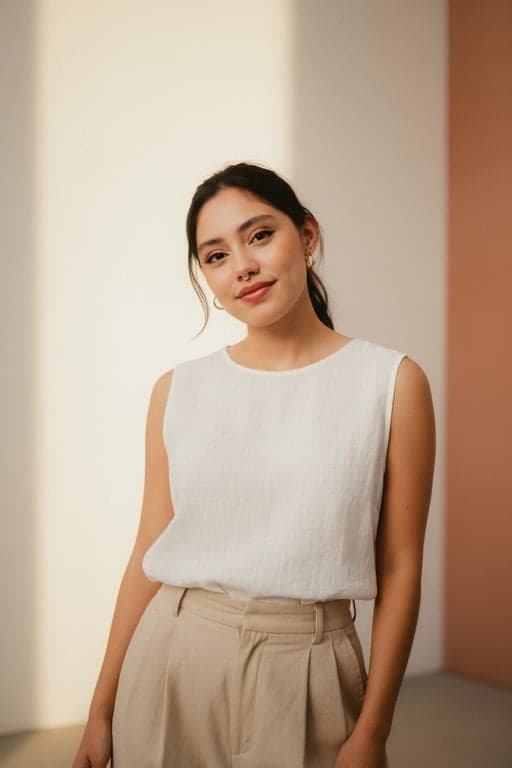 a portrait of a person enhanced with subtle summer fashion styling, lightweight clothing structure, balanced summer proportions, calm pose, breathable fabric appearance, and clean modern background