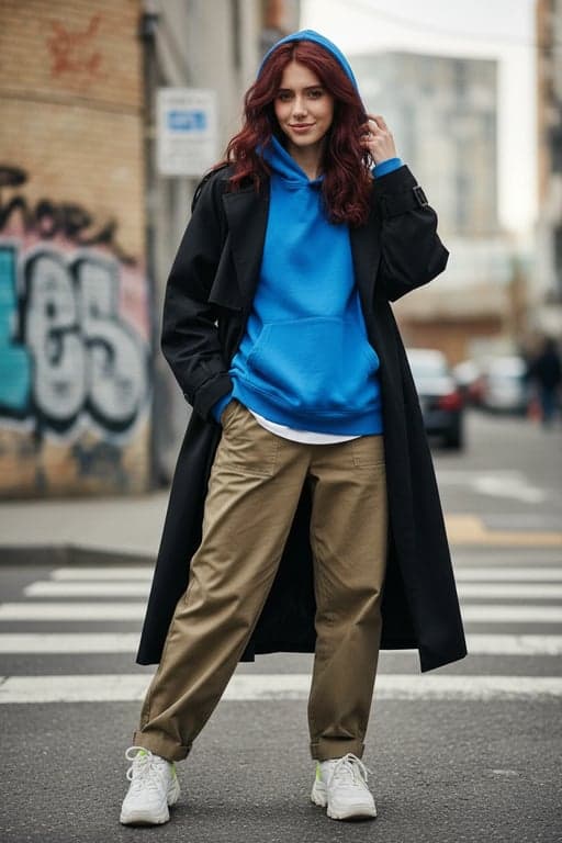 a portrait of a person enhanced with Korean street fashion styling, oversized casual layers, modern color blocking, confident relaxed stance, natural expression, balanced daylight, and a simple street-inspired backdrop