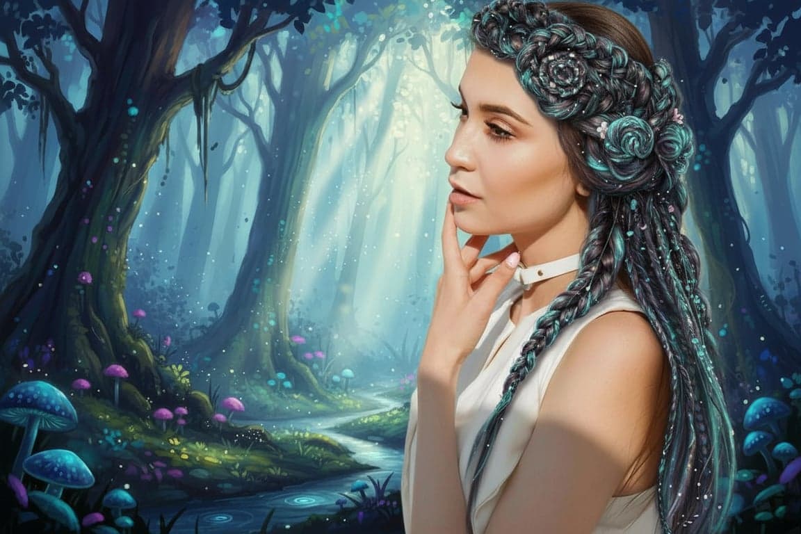 An elaborate fantasy braid style for a woman, braids forming a crown, woven with glowing threads, mythical forest background, digital painting aesthetic.