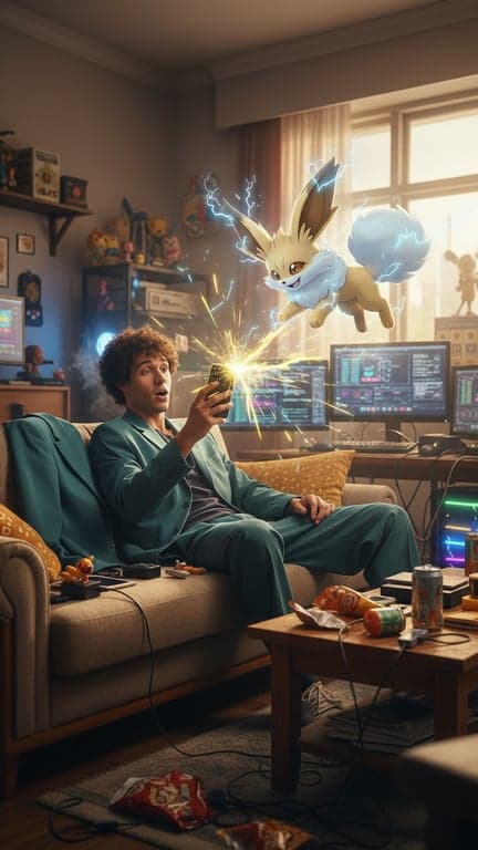 A playful electric-type pokemon, a fennec fox with static-cloud fur. It's playfully zapping a smartphone out of its laid-back male trainer's hand, sparks flying, in a messy, cozy apartment room filled with tech.