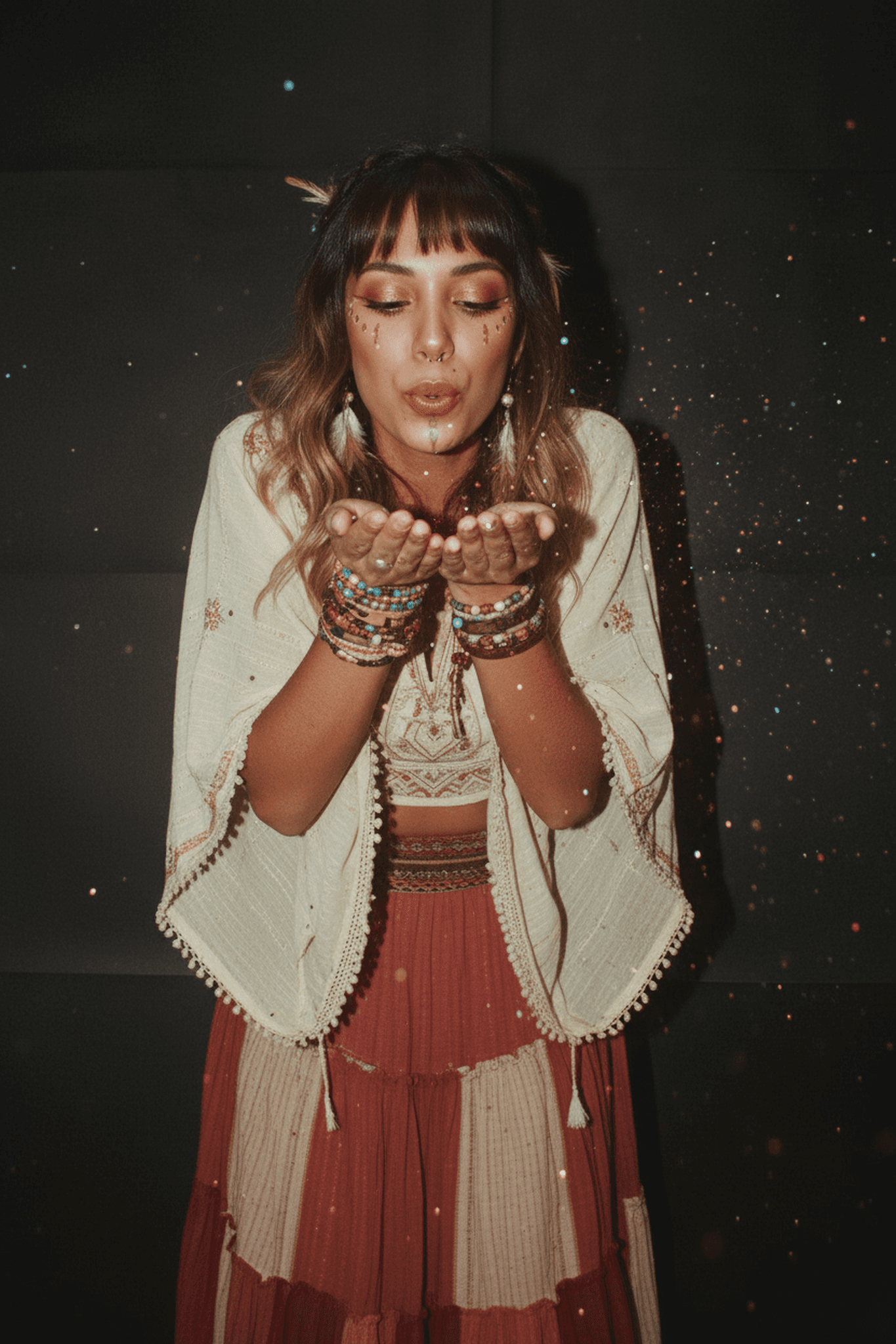 AI music festival outfits filter after transformation - casual portrait transformed into festival-ready look