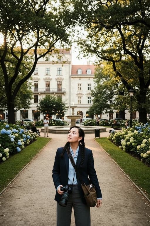 a portrait of a person wearing smart casual attire, standing in a pleasant urban park or street, with a friendly and confident demeanor