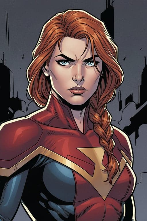 a portrait of a person illustrated in a classic DC comic book style with heavy ink linework, sculpted facial planes, strong light-and-shadow separation, limited color palette, dramatic highlights, and a serious heroic tone typical of DC Comics