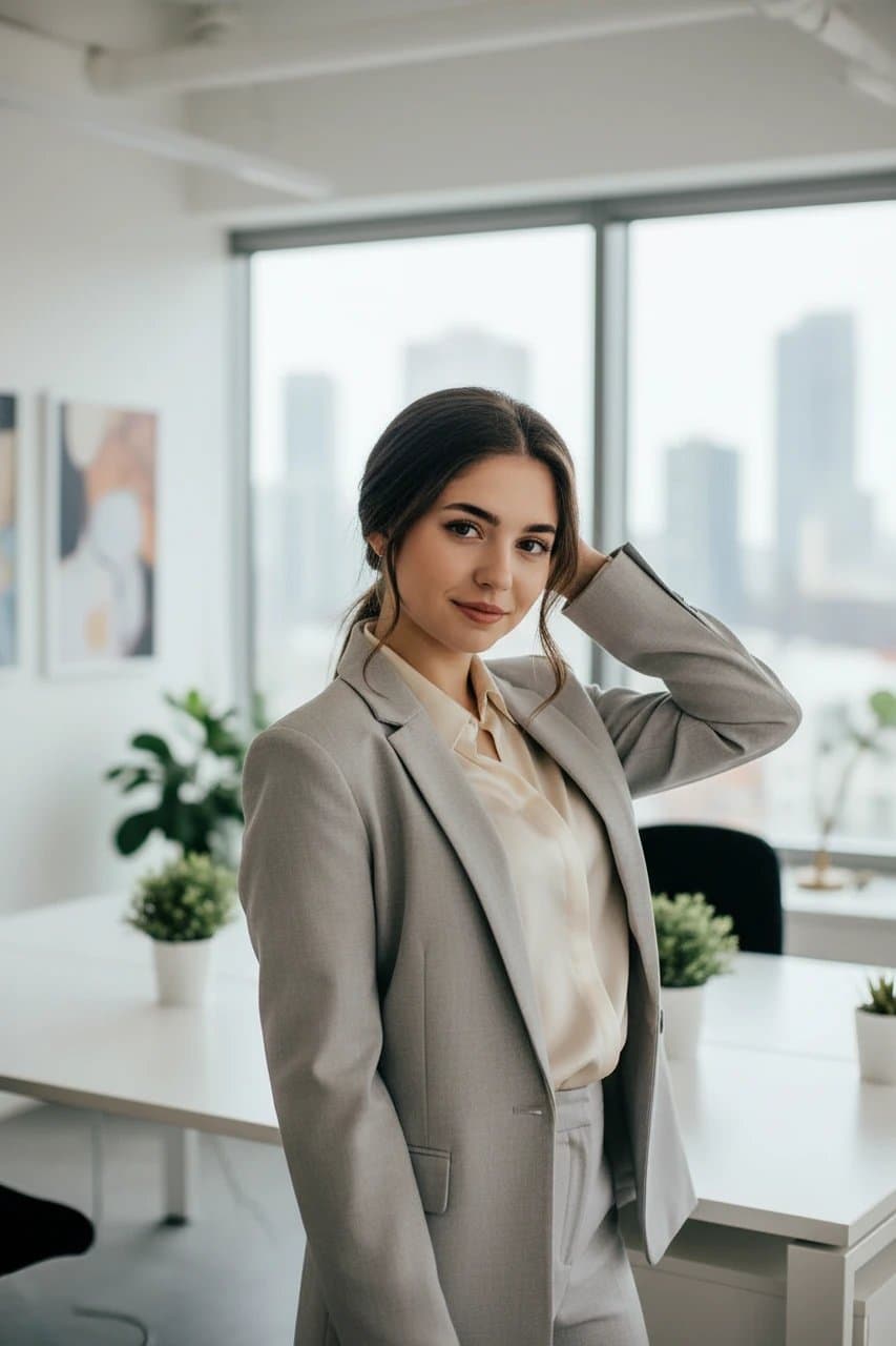 business casual outfits filter after transformation - portrait wearing polished business casual outfit in a bright office scene