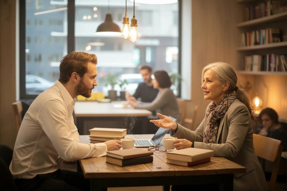 A cozy coffee shop photo of a man deep in conversation with a celebrity author, warm interior lighting, books on table, believable and intimate setting.