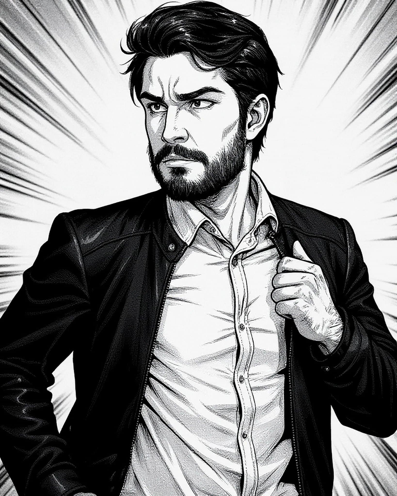 Manga art styles filter after transformation - portrait in bold shonen manga hero style with dynamic lines