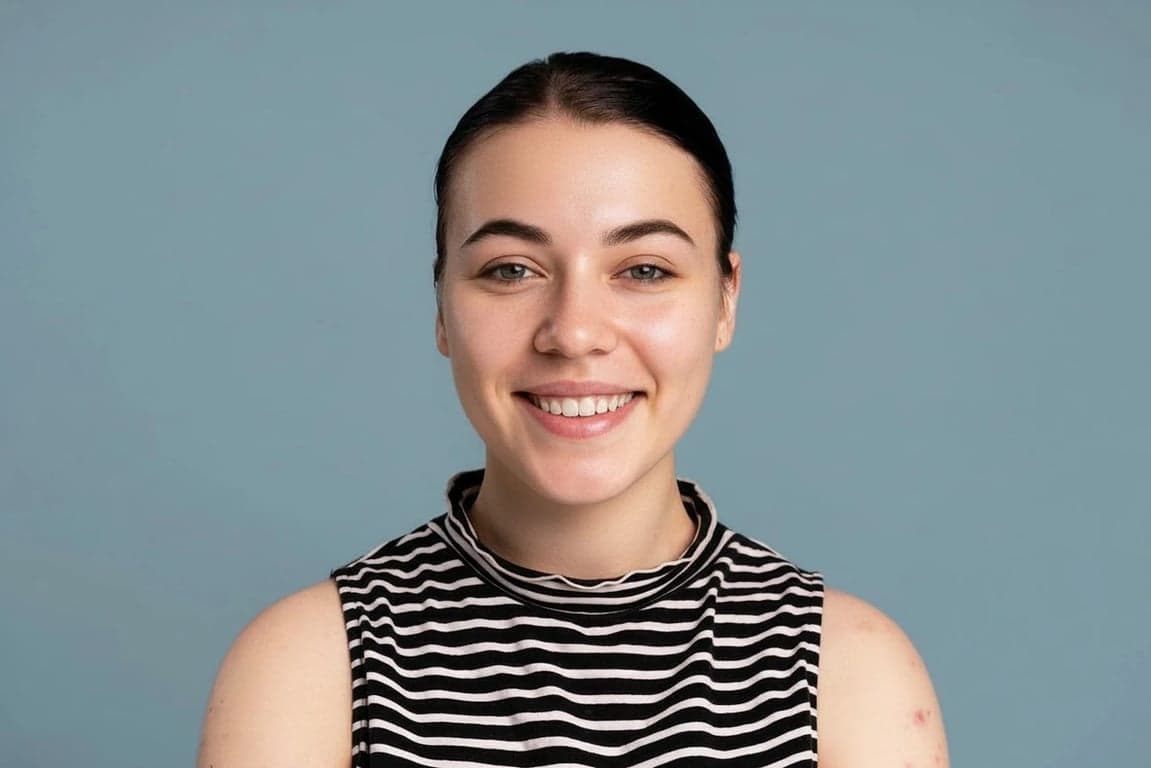 AI blemish remover after transformation - selfie with clear smooth AI enhanced skin