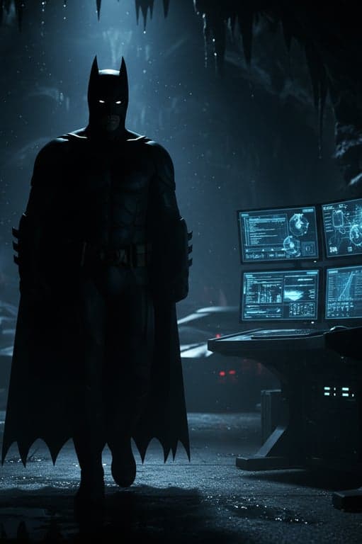 A cinematic still of Batman emerging from shadows in the Batcave, only his silhouette and the white eyes of the cowl visible, light from computer monitors.