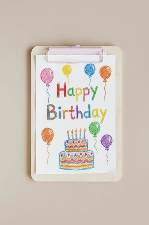 A birthday card design in crayon aesthetic, with the words \"Happy Birthday\" in wobbly child-like letters, surrounded by crayon-drawn balloons and cake.