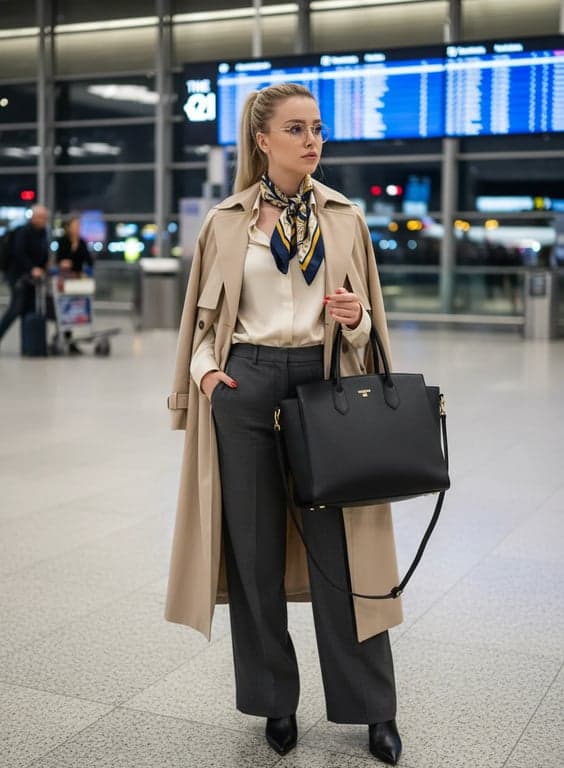 airport outfits filter after transformation - portrait wearing classic trench coat airport outfit with scarf and roomy tote