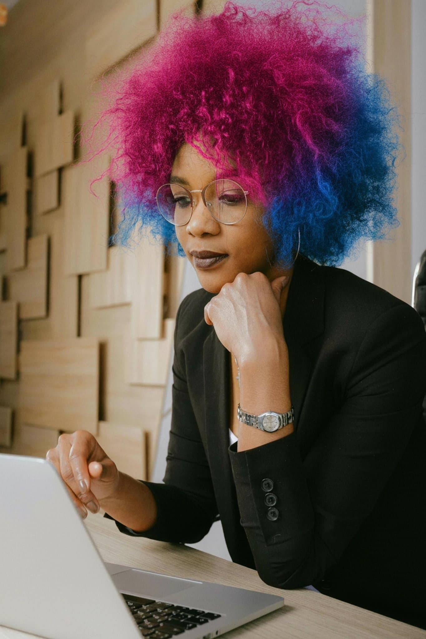 Virtual hair color change to a neon pink and blue gradient, perfect for Cyberpunk character design.