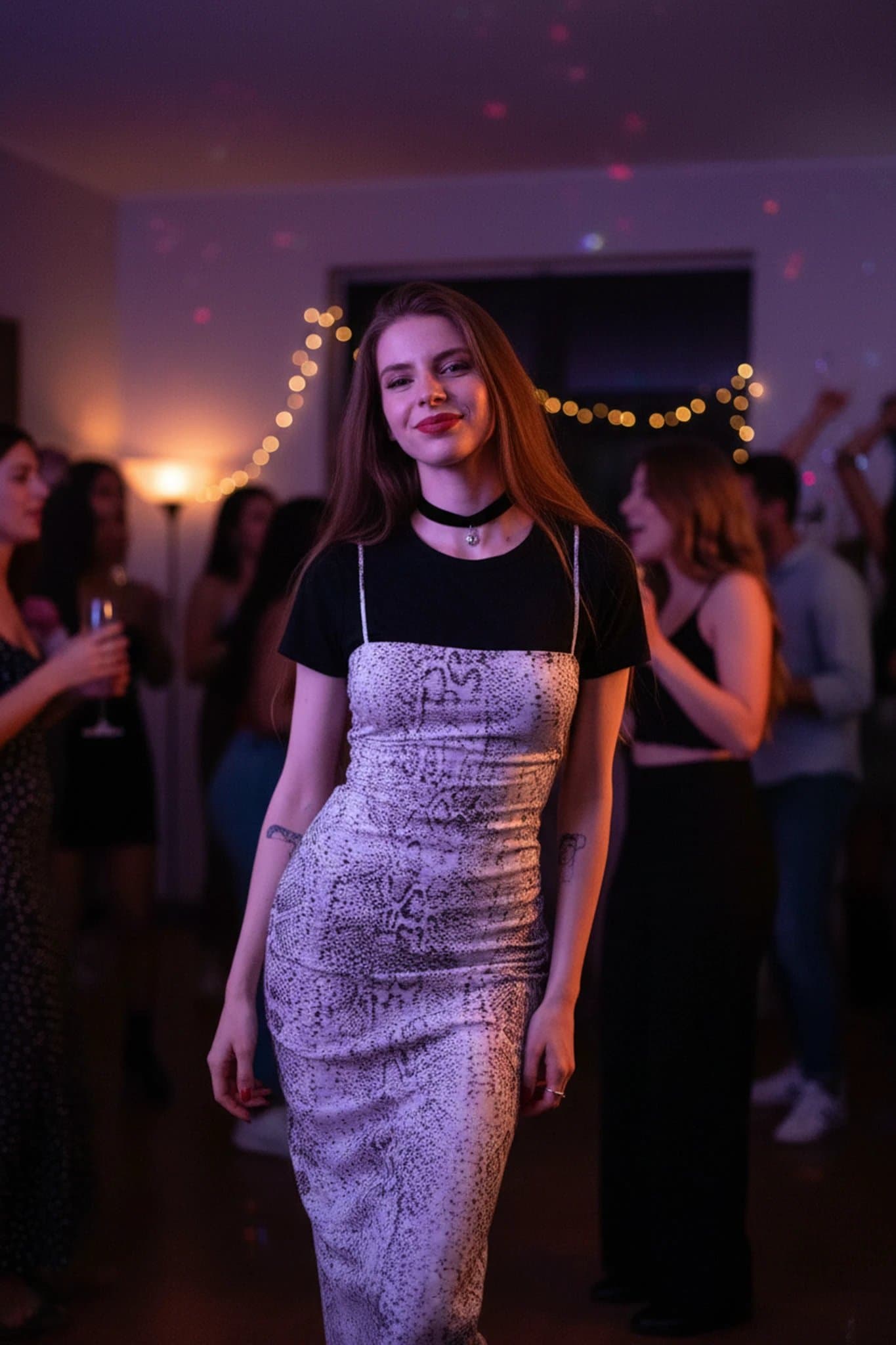 90s theme party clothes filter after transformation - portrait with layered 90s slip dress look at cozy party