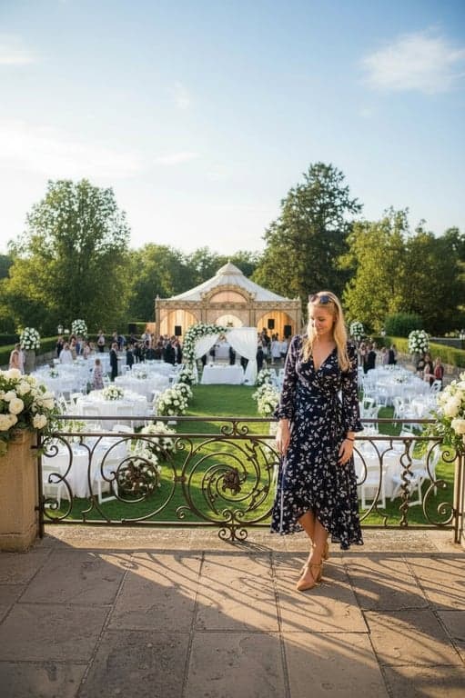 For Wedding Guests Outfits filter after transformation - portrait in wrap dress wedding guest look on elegant terrace