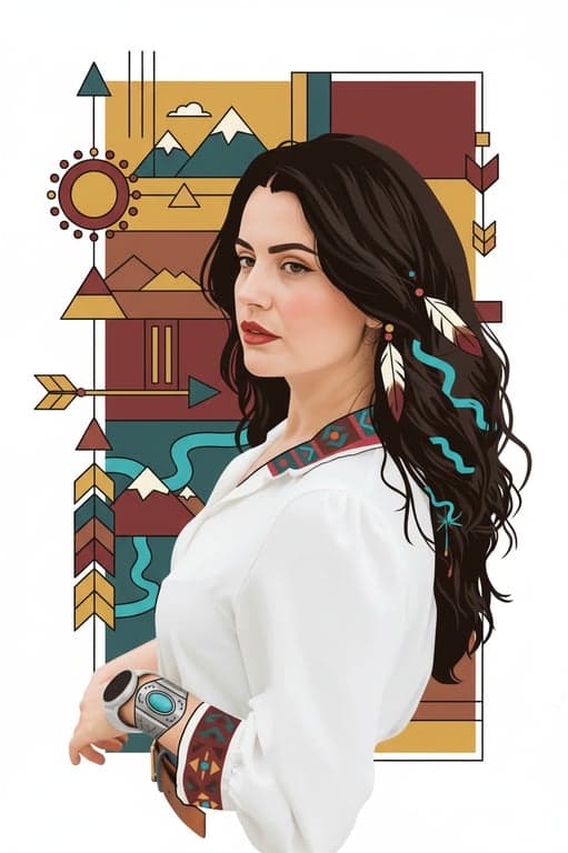 a portrait of a person transformed into a Native American art style featuring stylized facial forms, simplified geometry, symbolic color usage, flat composition, traditional pattern influences, and a respectful indigenous visual aesthetic