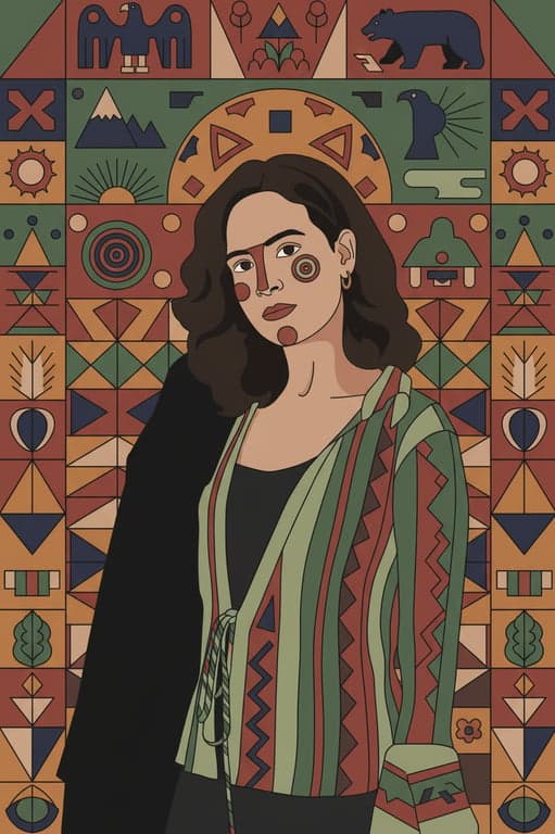 a portrait of a person stylized in a Native American art style focusing on pattern, symbolism, flat design, and cultural restraint rather than realism
