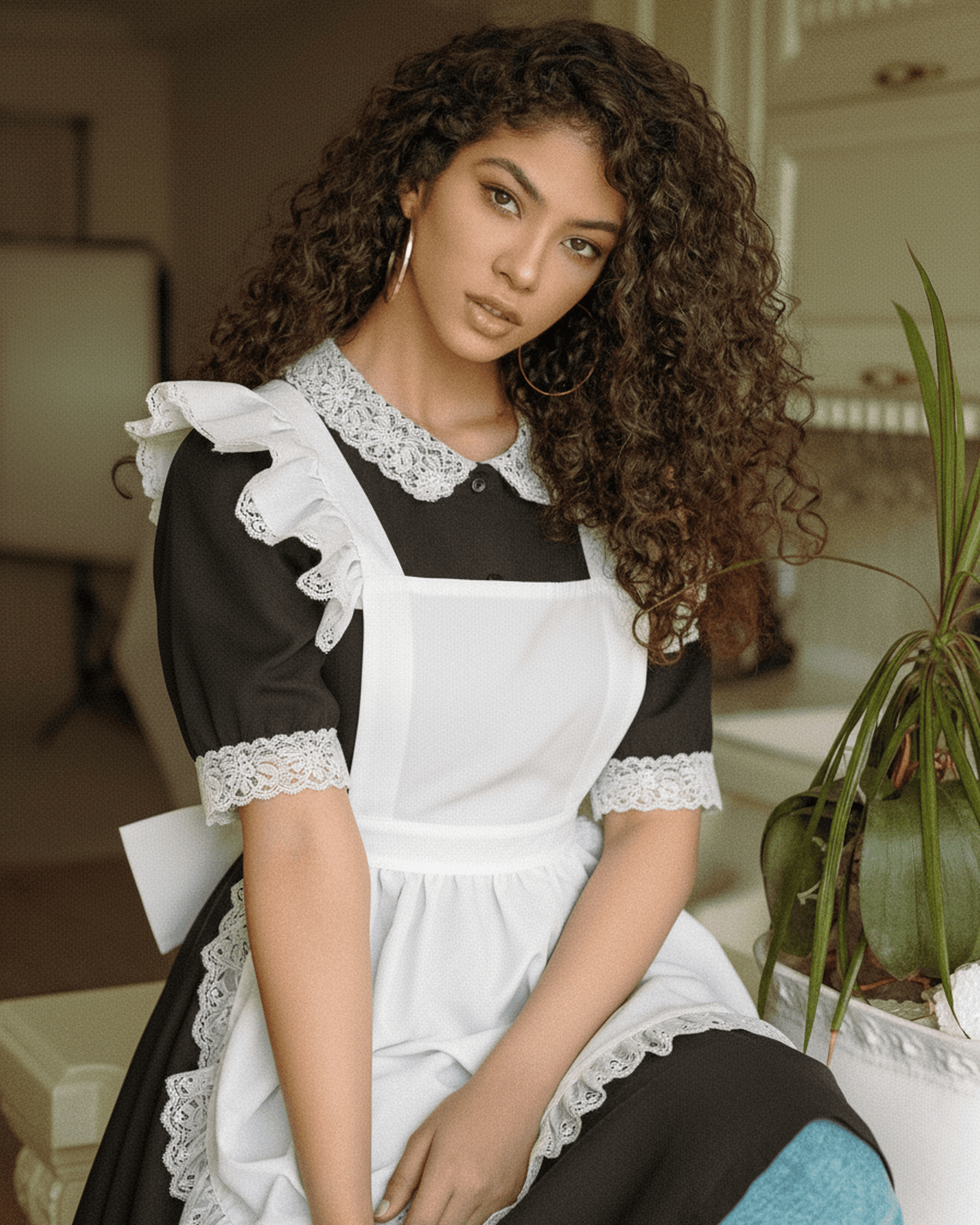 The outfit shifts from relaxed casual wear to a structured maid uniform with lace accents.