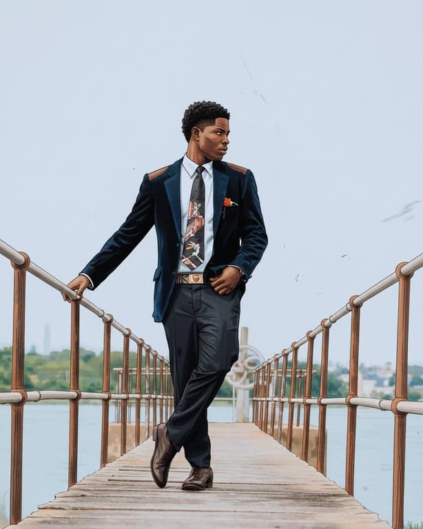 a portrait of a person stylized in a DC comic book illustration look featuring sharp facial structure, powerful proportions, dramatic ink shading, and controlled color blocking