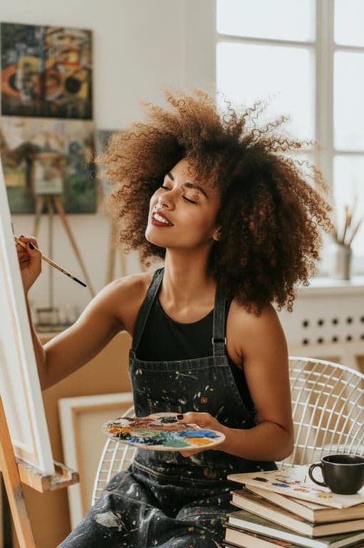 a portrait of a person focused on a creative hobby like painting or playing a musical instrument, showing passion and depth