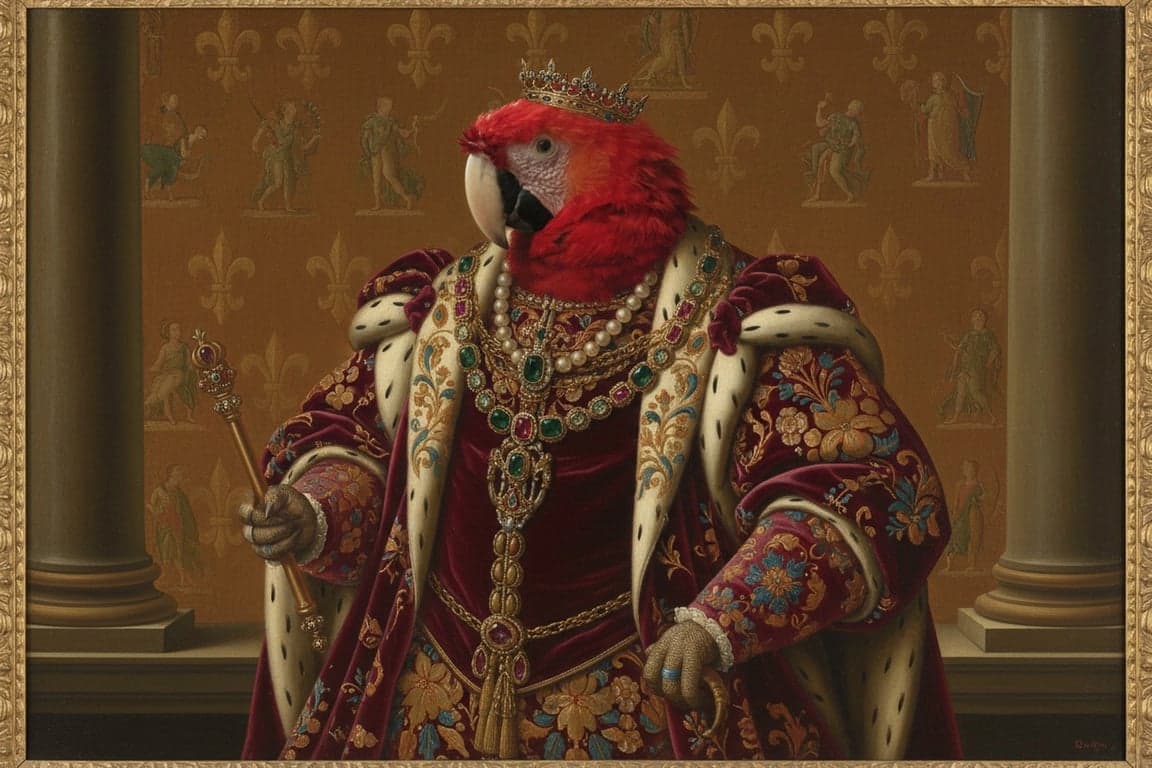 AI pet portrait generator free after pic - royal parrot portrait in the style of Henry VIII by Hans Holbein, wearing crown and jeweled robes