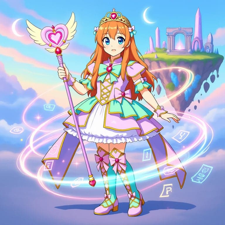 a portrait of a person styled as an anime magical girl with radiant transformation effects, dressed in a complete magical girl costume with clean lines, pastel colors, detailed accessories, and a clean fantasy background