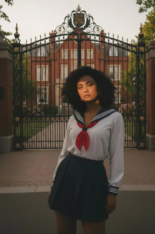 a portrait of a student transformed into a traditional sailor-collar uniform with ribbon tie, against a school gate background