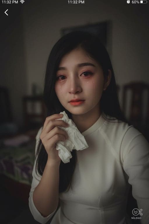 A selfie in a dimly lit room, using the filter to create the effect of crying, with red, swollen eyes and a tissue in hand, authentic smartphone aesthetic.