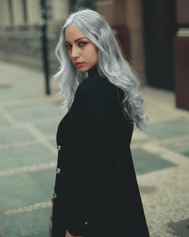 a portrait of a person transformed using a silver hair filter with accurate color balance and realistic strand detail