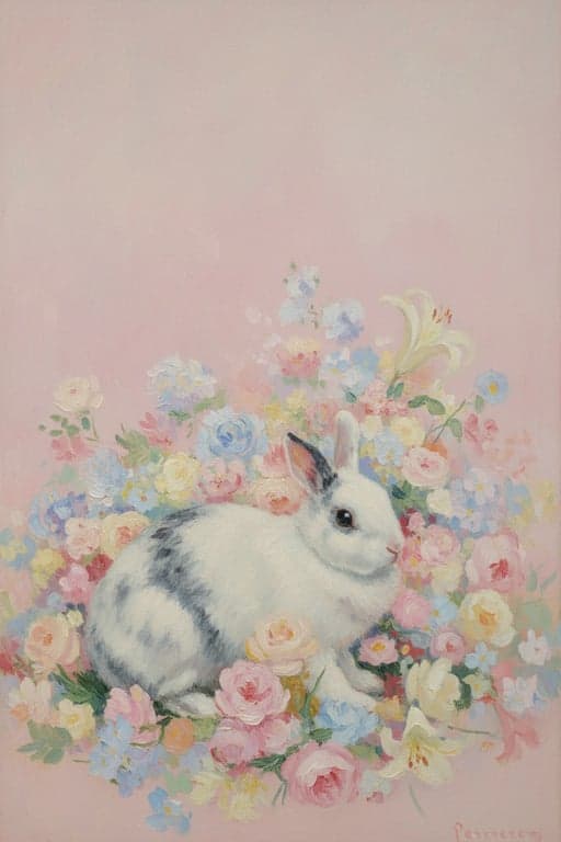 AI pet portrait generator free after pic - cute bunny transformed into a Rococo-style painting with pastel floral background