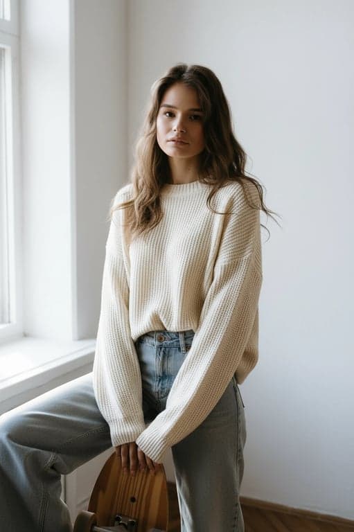 a portrait of a person styled with relaxed fashion elements, harmonious outfit composition, casual stance, soft lighting, and clean background