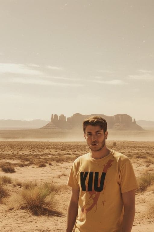 a portrait of a man edited into a western cinematic style, with warm sepia tones, harsh desert sunlight, and wide landscape framing