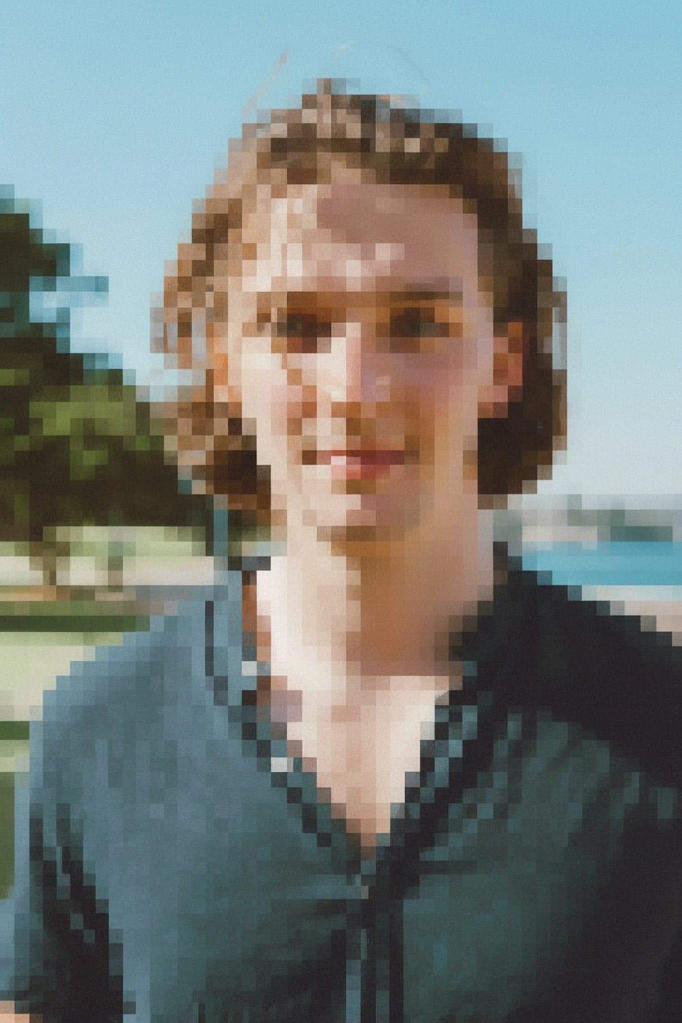 AI pixelate image filter after transformation - outdoor photo stylized with AI mosaic filter