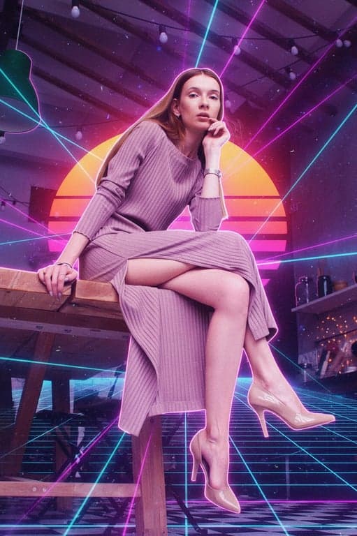 a portrait of a person with a synthwave neon glow filter, backlit by a radiant sunset with geometric laser grid lines emanating from behind