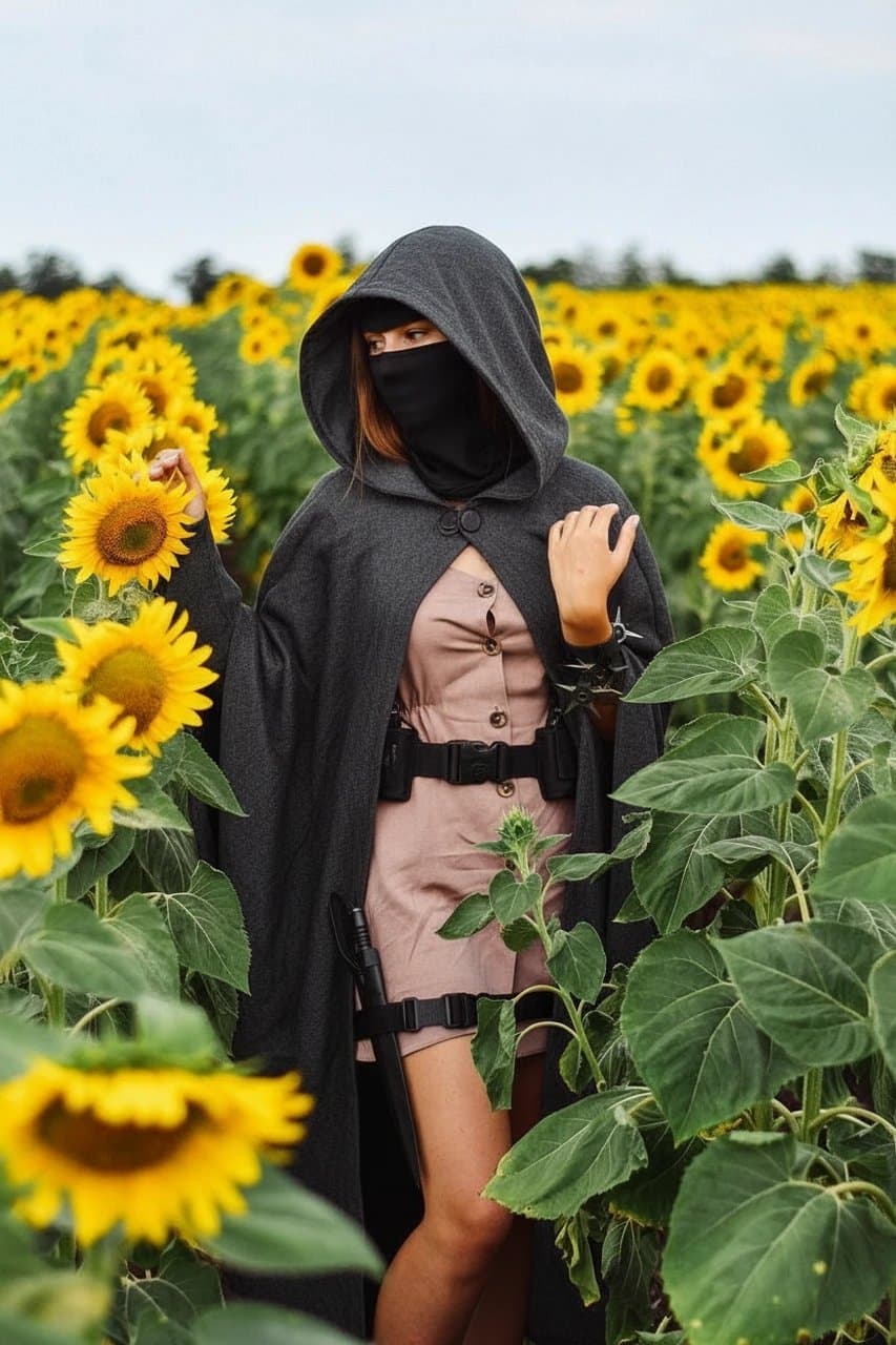 AI ninja outfit filter after transformation - image styled with black stealth outfit and head covering