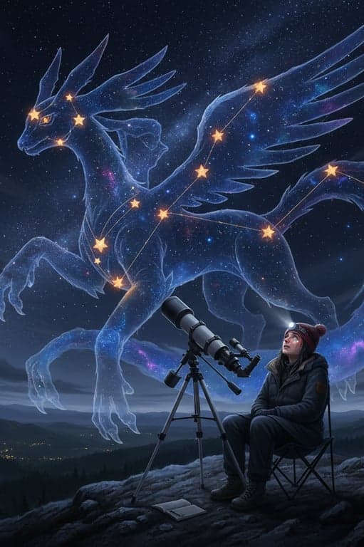 A mythical pokemon based on a forgotten constellation. It appears only at night, and in the image, its dark blue, starry form is weaving around a solitary, awe-struck astronomer who has just discovered it on a remote hillside.