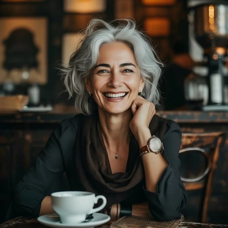 ai eye contact correction after photo - woman with silver hair corrected to look directly at the camera corrected to look directly at the camera