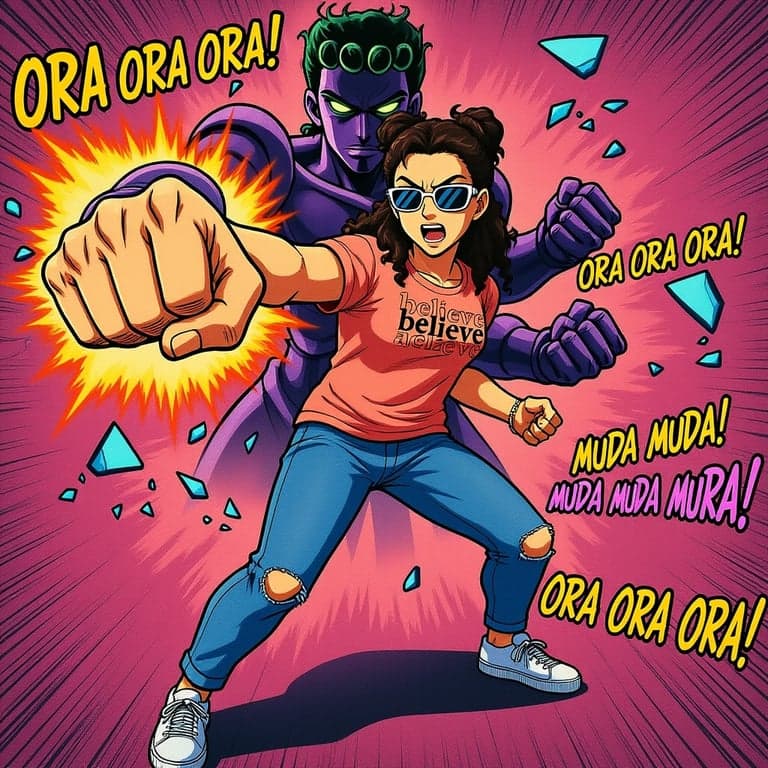 a portrait of a person as a character using a close-range Stand in a rapid-fire "Ora Ora" or "Muda Muda" attack barrage