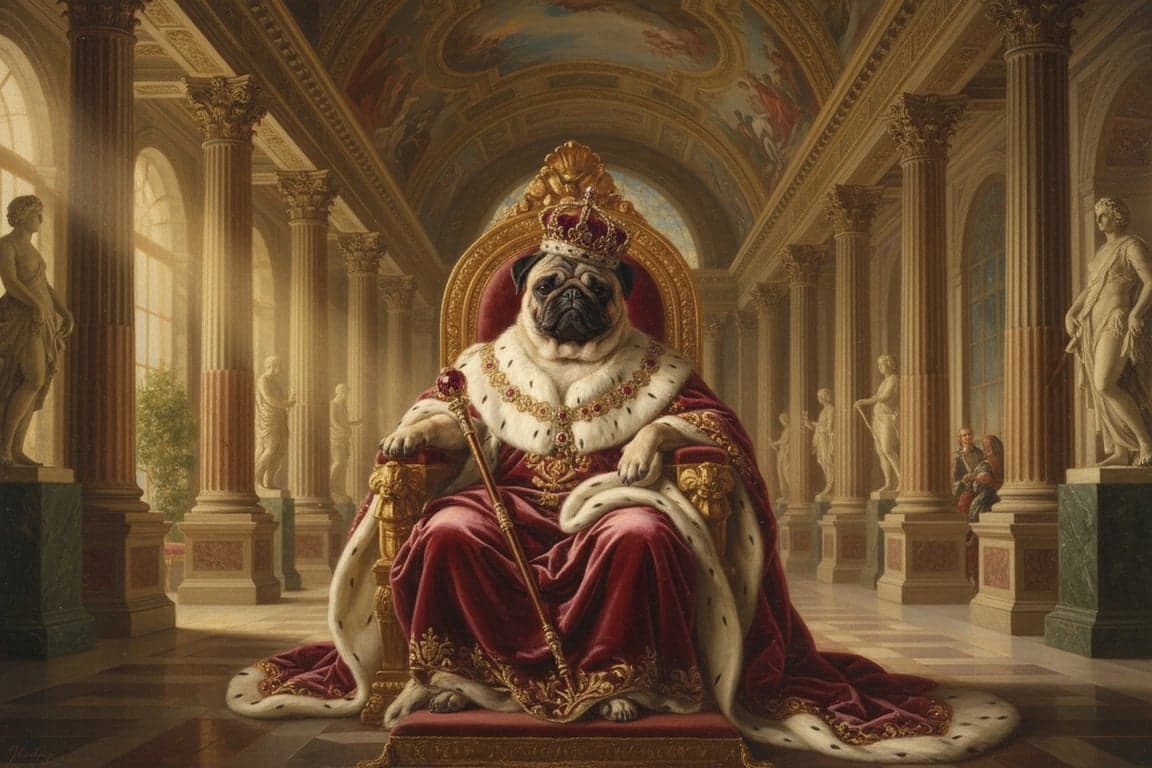 AI pet portrait generator free after pic - pug transformed into a royal Renaissance portrait with luxurious robes and realistic dog paws