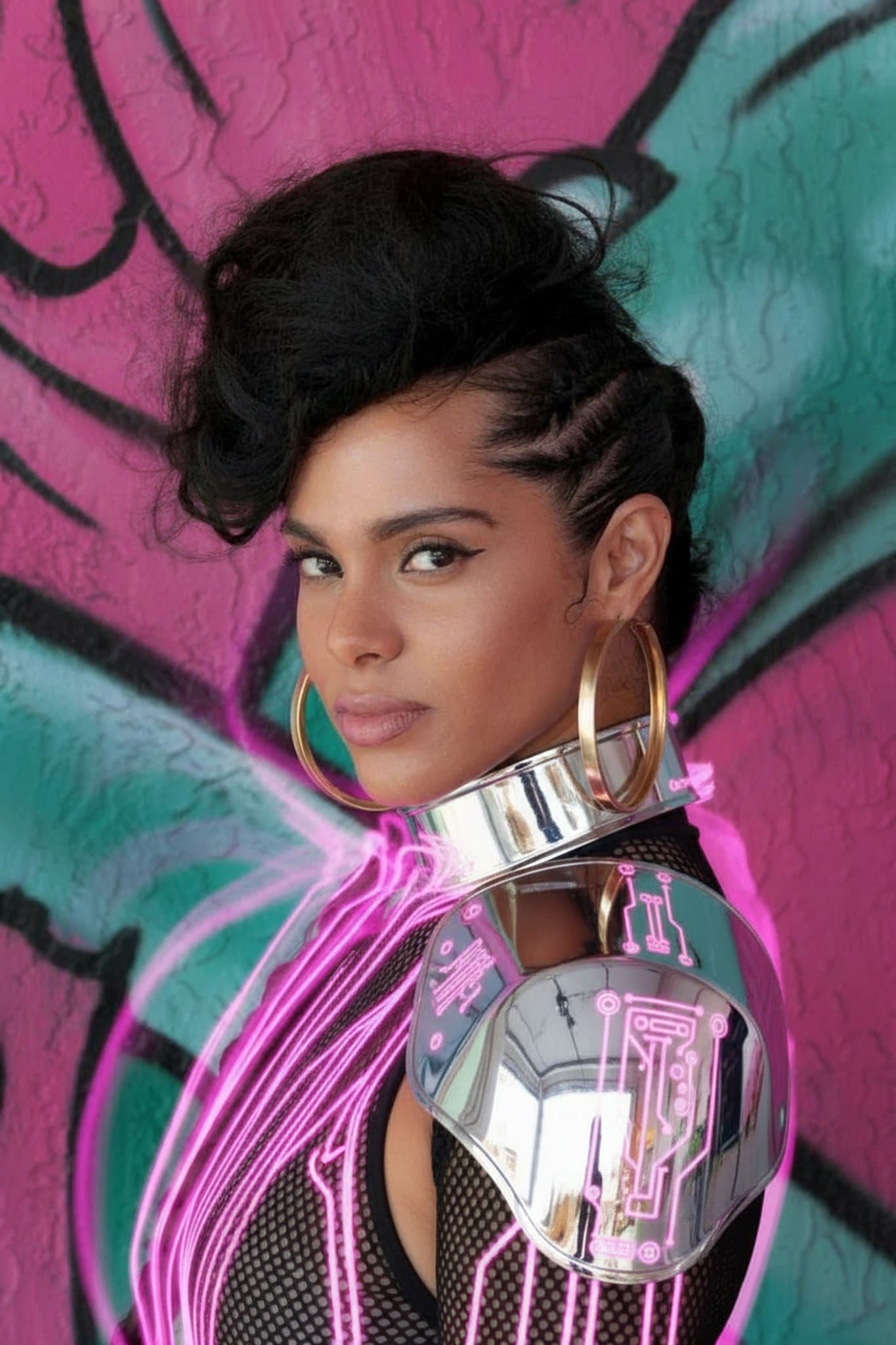 Chrome shoulder plating and pink circuitry accents layered over mesh textures against vibrant mural.